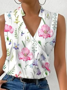 Per donna Canotte Giallo Rosa Grigio Floreale Stampa Senza maniche Informale Per eventi Essenziale A V Standard Floreale S del 2023 a € 20.99 Fashion Stand, Sleeveless Tops Summer, Tops And Blouses, Blouse Models, Stylish Blouse, Print Tank Top, Libya, Print Style, Summer Fabrics