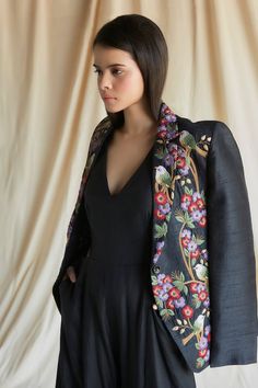 Black full sleeves raw silk blazer with all over multi thread bird garden embroidery. - Aza Fashions Designer Silk Blazer For Spring, Formal Spring Outerwear With Resham Embroidery, Elegant Silk Outerwear With Floral Embroidery, Spring Silk Outerwear With Resham Embroidery, Floral Embroidered Outerwear For Spring Evening, Elegant Embroidered Spring Blazer, Spring Evening Outerwear With Floral Embroidery, Spring Floral Embroidered Evening Outerwear, Silk Outerwear With Intricate Embroidery For Spring