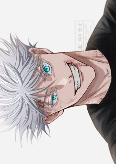 an anime character with white hair and blue eyes looking to his left, wearing black