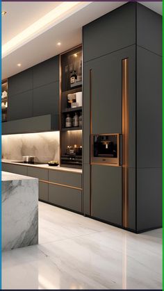 a modern kitchen with marble counter tops and stainless steel appliances, along with built - in ovens