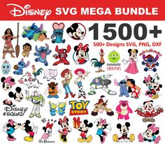 the disney svg mega bundle is shown with various cartoon characters and their name on it