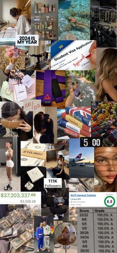 a collage of photos with people and money on them, including an advertisement for the bank