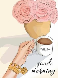 a woman holding a cup of coffee with pink roses in it and the words good morning