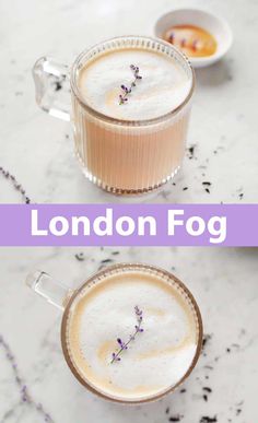 two mugs filled with liquid sitting on top of a white marble counter next to each other