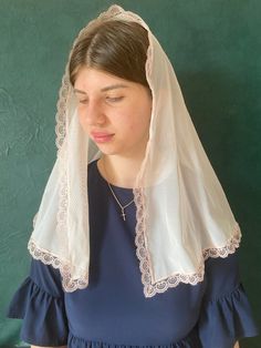 A beautiful catholic veil is made of fine silky lace. Magnificent chapel of peach-color color. Magnificent chapel is white. The edges of the chapel are covered with beautiful sewing, which gives tenderness and refinement. The length of the veil is 40 "(100cm), width 21" (53cm) Mantilla can be made in other sizes on request. Mantilla lace is suitable for  mass, the first Holy Communion and a gift for the mother. If you want any alterations its possible, just ask me and we will find any options. I Catholic Veils, Mantilla Veil Wedding, Color Veil, Catholic Veil, Mantilla Veil, Chapel Veil, Wedding Shawl, Catholic Gifts, Head Covering