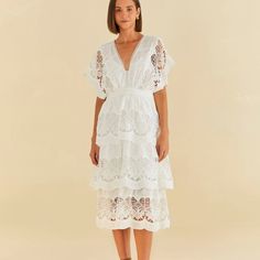 New With Tags Farm Rio Richelieu Dress. Pretty Tiers And Embroidery Fully Lined Chic Lace Dress With Broderie Anglaise, Lace Dresses With Broderie Anglaise For Vacation, Spring Midi Dress In Lace With Broderie Anglaise, Midi Length Dresses With Cutwork Hem For Vacation, Spring Lace Midi Dress With Broderie Anglaise, Bohemian Midi Dress With Broderie Anglaise, Chic Dresses With Cutwork Hem And Short Sleeves, Lace Midi Dress With Broderie Anglaise, Lace Dress With Broderie Anglaise In Midi Length