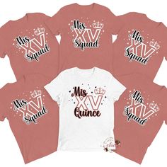 "Mis Quince Squad Shirt, Quinceanera Gift Shirt, 15th Birthday Shirt, Quinceanera Matching Tee, Feliz Cumpleanos Shirt, Sweet 15 Gift Shirt Our super cute and comfy Quinceañera T-shirts make a fantastic gift and are a wonderful addition to your Quince's big day!  Also perfect for your damas and for The Quinceañera's Mom to feel unique in these custom Bella+Canvas tees. 💎 >> This listing is for (1) one Quinceañera personalized single T-Shirt  - - - - IMPORTANT NOTE - - - - This is not sold as a Quince Shirts, Quinceanera Gifts, Bridesmaid Slippers, Cute Shirt Designs, Sweet 15, Squad Shirt, 15 Gifts, Matching Tees, 15th Birthday