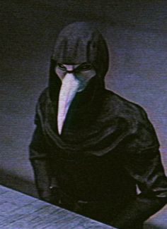 a person wearing a black hooded jacket with a bird mask on their head and hands in his pockets