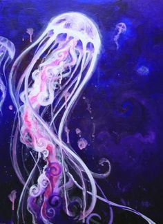 a painting of jellyfish in purple and blue colors on a black background with bubbles