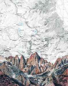 a drawing of a mountain range with trees and mountains in the background, as well as a map