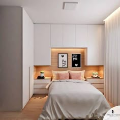 a bedroom with white walls and wooden flooring is lit by recessed lighting above the bed