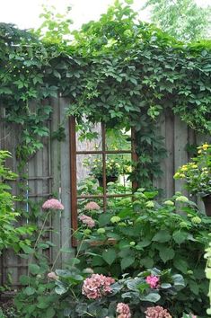 an old shed covered in vines and flowers