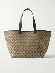 GUCCI Leather-trimmed coated canvas-jacquard tote Bag Wishlist, Gucci Tote Bag, Flat Dress Shoes, Floral Dresses Short, Gg Monogram, Gucci Tote, Gucci Eyewear, Gucci Leather, Shopping Ideas