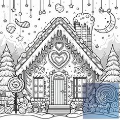 a coloring page with a house in the snow and christmas decorations on top of it