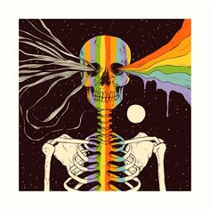 a poster with a skeleton and rainbow stripes on the back of it's head