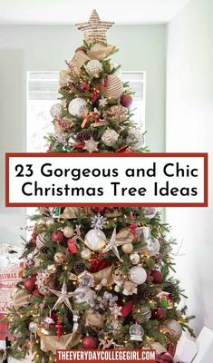 a christmas tree with ornaments on it and the words 25 gorgeous and chic christmas tree ideas