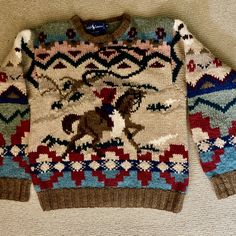 This Sweater Was A Gift To Me Back In The 90's. It's In Perfect Condition. Beth Dutton Sweaters, Vintage Sweater Collection, Fair Isle Sweater Ralph Lauren, Navajo Sweater Pattern, Vintage Patterned Sweaters, Curling Sweater Vintage, Punchy Sweater, Carpet Sweaters, Parka Jacket Outfit