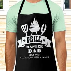 a man wearing an apron that reads grill master dad love you, wilson, william and james