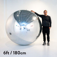 a man standing in front of a shiny ball