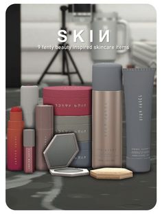 an advertisement for skin products with different colors and sizes on the front, along with other items