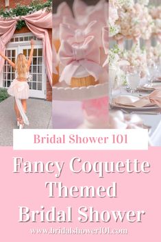 fancy coquette themed bridal shower with pink and white flowers on the table, bride in