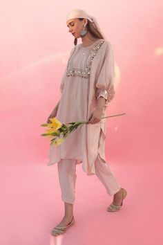 Pink straight kurta featuring thread, sequin hand embroidery and lace detailing. Paired with a solid pant. - Aza Fashions Pant For Women, Straight Kurta, Kurta With Pants, Pants Pattern, Pink Satin, Aza Fashion, Fashion Set, Hand Embroidery, Types Of Sleeves