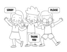 three children holding up signs with the words sorry, please and thank written on them