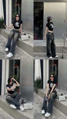 four photos of a woman sitting on steps with her hand in her hair and wearing sunglasses