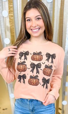 Pumpkin Bows Long Sleeve Graphic T-Shirt Teacher Accessories, Sparkle Party, Boyfriend Cut, Summer Christmas, Headband Jewelry, Leopard Spots, Activewear Fashion, Dtg Printing, Leopards