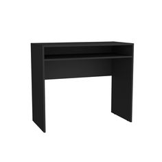 a black desk with an open shelf on the top and one drawer at the bottom