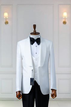 "*3 Piece White,  Shawl Lapel Men's Tuxedo, Groom Suit *Fabric: %100 Wool & Satin, Thick, Warm, Comfortable, Breathable, Softer, Satin Feeling *Center One-Button Blazer And, 4 Button Vest With Zipper Fly Pants *Slim Fit, 10 Cm Shawl Lapel, Jetted Pocket *Double Vent On The Behind Of The Jacket *This Suit Has A 6\" Drop Which Is The Difference Between The Size Of The Jacket & Pants. For Example, A 40r Jacket Includes A 34W Pant *Dry Clean Only Important Note: All Our Products Are Ready In Stock! Classic White Sets For Black Tie Occasions, White Tuxedo Business Set, Dapper Tuxedo For Groom, Tailored Double Breasted Tuxedo Suit For Ceremony, Groom's Tuxedo In Suiting Fabric, Luxury Groom's Suiting Fabric Sets, Luxury Groom's Tuxedo, Dapper Tuxedo For Groom In Suiting Fabric, Dapper Groom Tuxedo In Suiting Fabric