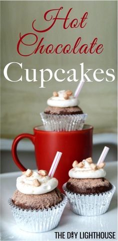 hot chocolate cupcakes with whipped cream on top