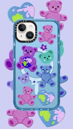 an iphone case with teddy bears and hearts on the back, sitting in front of a purple background