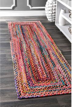 a multicolored rug on the floor in a room