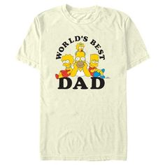 Mhmmm donuts… mhmm officially licensed The Simpsons styles. Show off your favorite animated series with hilarious officially licensed apparel for this Father's Day featuring everyone's favorite clumsy dad! This Men's The Simpsons Homer World's Best Dad Graphic T-Shirt features Homer Simpson alongside Bart, Lisa, and Maggie surrounded by the text "World's Best Dad" in black lettering. If anyone tries to steal your fashion, then just tell them to "eat my shorts" because you're not giving up this c Funny Character Print T-shirt For Father's Day, Father's Day T-shirt With Character Print, Short Sleeve, Father's Day T-shirt With Character Print And Short Sleeves, Father's Day Cartoon Print Crew Neck T-shirt, Father's Day T-shirt With Character Print, Eat My Shorts, Not Giving Up, New Fathers, Homer Simpson