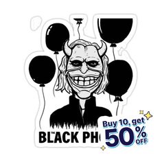 a sticker with the words black ph on it and an image of a clown holding balloons