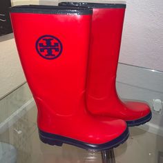 Super Cute Tory Burch Rainboots! Fits Comfortably. Red Waterproof Round Toe Boots, Red Waterproof Boots With Round Toe, Waterproof Red Boots With Round Toe, Waterproof Red Ankle Boots, Tory Burch Shoes, Hunter Boots, Winter Rain, Rubber Rain Boots, Rain Boots