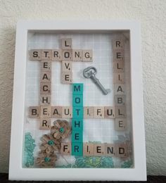 a scrabble frame with words and a key