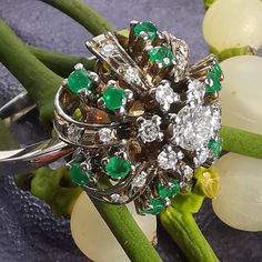 RING SIZE:   7 US, 55 EU [FREE RESIZING] GOLD: 18 k WEIGHT: 6.8 grams STONES: emerald, diamonds EMERALD: 0.36 ct.  DIAMONDS TOTAL WEIGHT: 0.42ct CUT:modern cut, single cut COLOR:  J  CLARITY: Vsi-Si CONDITION: EXCELLENT Beautiful, dainty emerald and diamond vintage ring from the 1960s with Hungarian control hallmarks. It features modern cut diamonds with Vsi-Si clarity and J color. The emeralds are 0.36 ct. and have a bright, deep green color. The ring weighs 6.8 grams and is  size 7 US or 55 in Vintage Turban, Diamond Vintage Ring, Art Nouveau Antiques, Vintage Diamond Rings, Emerald Jewelry, Perfect Engagement Ring, Stunning Necklace, Multi Stone Ring, Vintage Ring