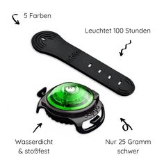 an image of a green light on a black watch strap with instructions for how to use it