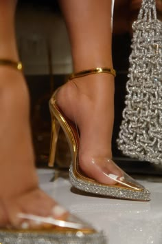 Miss Lola | Angelina Gold Clear Embellished High Heel Pumps Clear Pumps, Miss Lola, Shoes Heels Classy, Cute Shoes Heels, Heels Classy, Girly Shoes, Fabulous Shoes, Fashion Heels, Hot Shoes