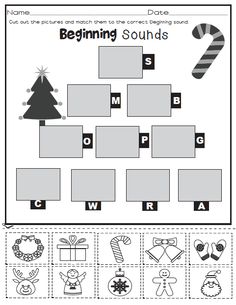 beginning sounds worksheet with christmas tree and candy canes on the bottom left hand corner