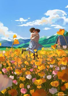 two people standing in a field full of flowers