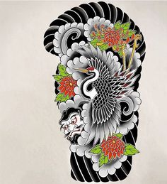 a woman's head with flowers and birds on it, painted in black and white