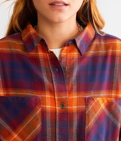 BKE Plaid Boyfriend Shirt - Orange/Blue X-Small, Women's Burgundy Oversized button down shirt Bust measures 44 on size small Body length 26 on size small. Layering piece(s) and/or accessories sold separately.. 100% Cotton. Machine wash cold with like colors. Use only non-chlorine bleach if needed. Tumble dry low. Steam iron low if needed.. Measurements: Bust -Fullest part of bust with arms at sides. Waist -Circumference of natural waist: above belly button below rib cage. Hips -Standing with fee Fall Shirt With Buttons And Shirttail Hem, Fall Shirt With Button Closure And Shirttail Hem, Oversized Button Down Shirt, Steam Iron, Boyfriend Shirt, Waist Circumference, Rib Cage, Shirt For Women, Shirts Blouses