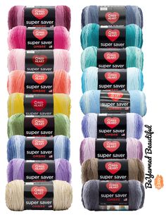 six skeins of super saver yarn in assorted colors and sizes, each with