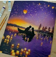 a painting of two people in a rowboat floating on water with lanterns flying above