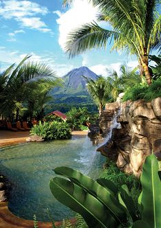 an outdoor pool surrounded by palm trees and water features a mountain range in the background