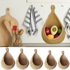 there are many items hanging on the wall in this kitchen, including an avocado