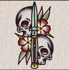 a drawing of a skull holding a knife with flowers on it